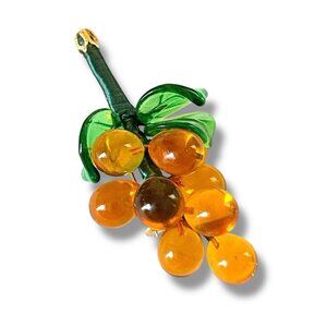 Vintage Amber Murano Art Glass Grapes Brooch 2.25" Fruit Cluster Pin Jewelry